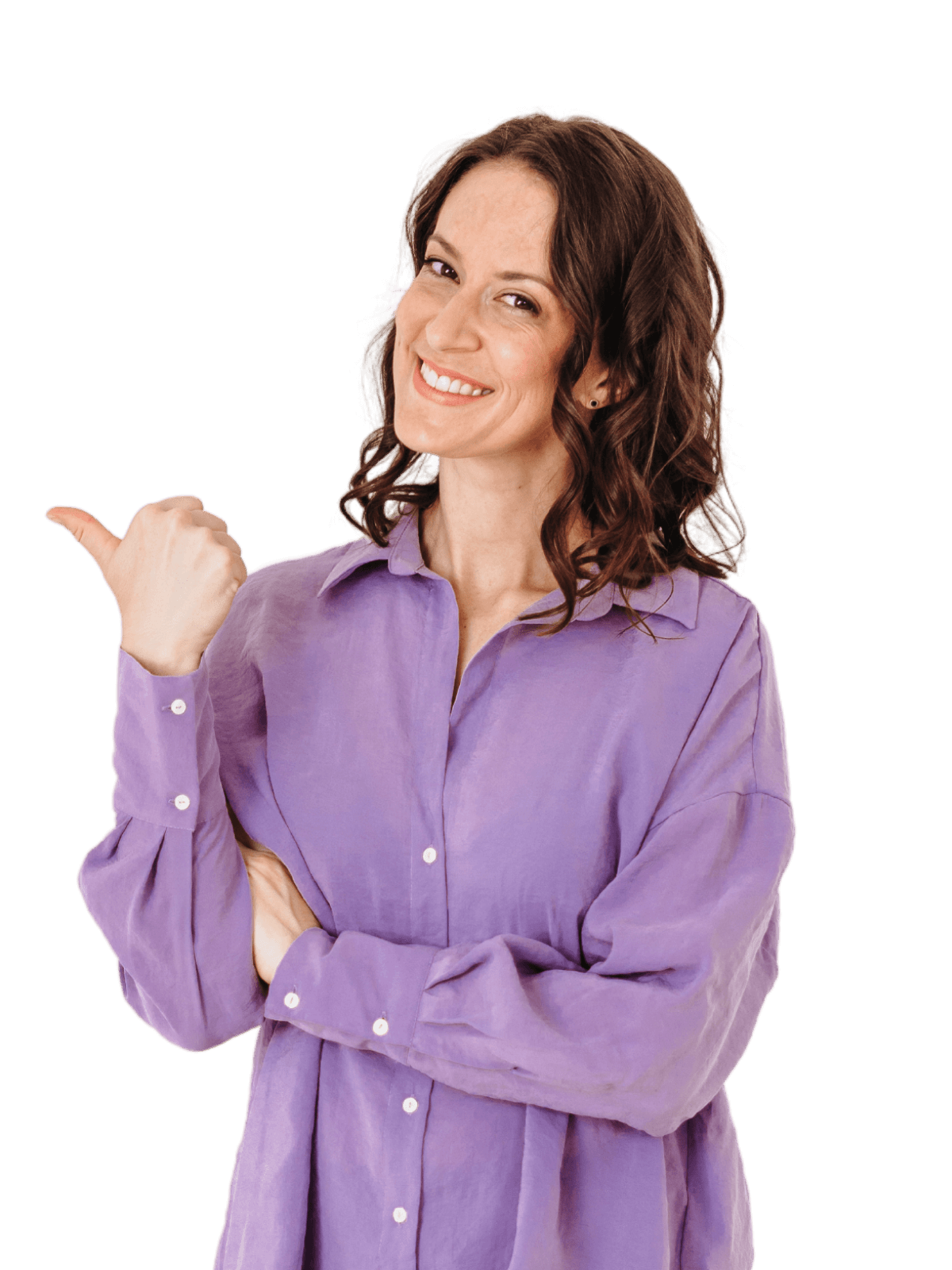 Steph zeigt mit Daumen richtung Text